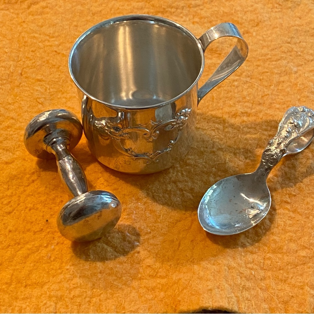 Sterling Silver estate baby cup, rattle, and spoon